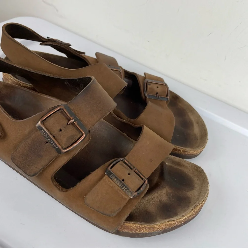 Birkenstock Mens Milano Brown Leather Buckle Straps Slingback Sandals Sz 10 / 43